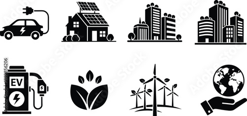 Sustainable living icon set illustration—vector of 8 black-and-white icons for eco-tech, green architecture, and environmental stewardship 