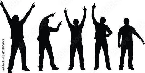 Collection of male silhouettes pointing upward and celebrating with raised hands, confident men expressing success, motivation and positive energy isolated on white background, 