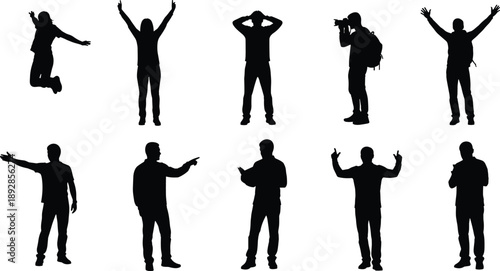 Collection of Male Silhouettes Showing Different Gestures Including Jumping, Pointing, Photographing, and Celebrating, Human Expression, Communication, and Lifestyle Behavior Concept,  