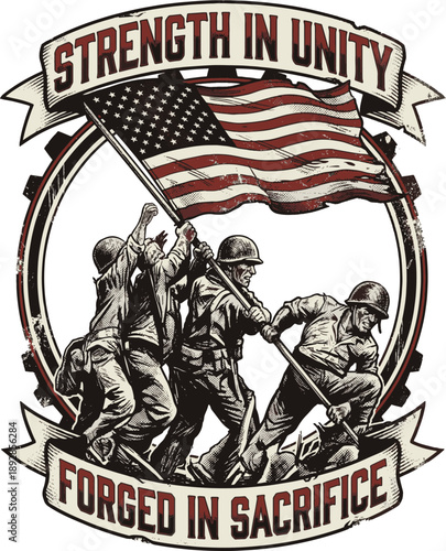 Soldiers raising american flag together in unity and strength Usa army t-shirt design ,Patriotic t-shirt design during war effort forged in sacrifice  patriotic illustration