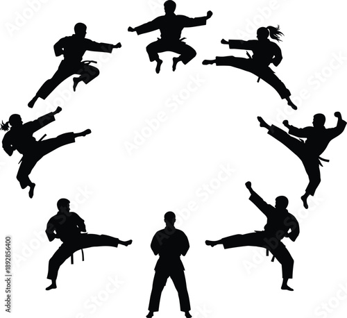 Collection of martial arts fighter silhouette poses performing kicks and jumps isolated on white background, expressing strength, discipline, combat training, and dynamic action concepts