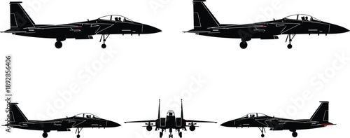 Vector illustration of F-15 Eagle jet silhouettes—symbols for aviation, aircraft design, military power, engineering, symmetry, flight, defense, and precision