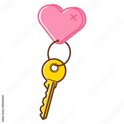Cartoon Gold Key with Pink Heart Keychain Vector Illustration