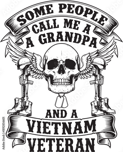 Usa army t-shirt design ,Patriotic t-shirt design,Vintagestyle skull with wings and guns illustration for vietnam veteran grandpa with text on ribbons isolated on transparent background