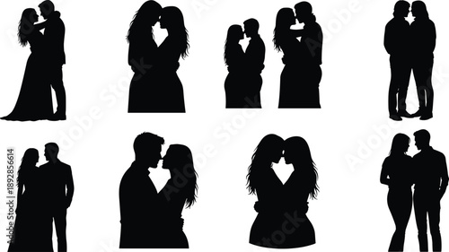 Collection of romantic couple silhouette figures embracing and facing each other isolated on white background, expressing love, intimacy, relationship, affection, and emotional connection concepts