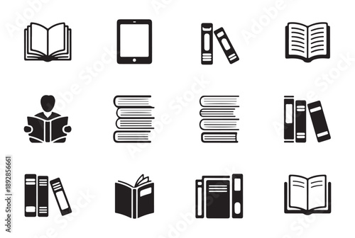 Education icons with solid black silhouettes of books library stacks and reading figures for corporate design