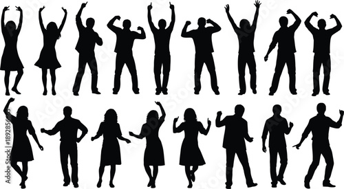 Vector illustration of dancing silhouettes—symbols for celebration, movement, posture, gesture, emotion, lifestyle, rhythm, energy, diversity, and expression