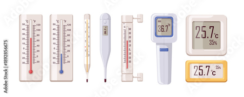Set of various thermometers and temperature measurement devices for medical and domestic use including digital and analog icons