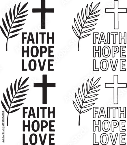 Isolated faith hope love palm design icon, faith hope love palm design, faith hope love palm christian typography silhouette, palm sunday inspirational church branding illustration for posters