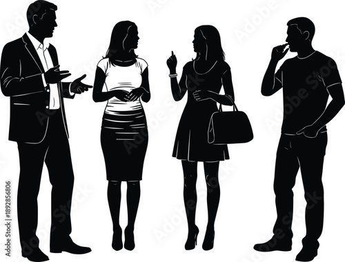Vector illustration of conversation silhouettes—symbols for communication, gesture, emotion, posture, interaction, teamwork, expression, dialogue, body language, and connection