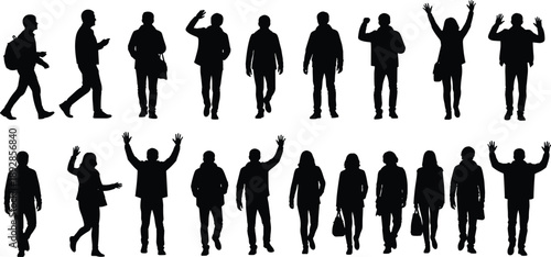 Collection of walking and standing people silhouette figures in casual poses isolated on white background, ideal for lifestyle, urban movement, social interaction, and modern design concepts
