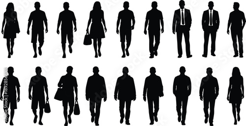 Collection of walking people silhouettes in different outfits and poses, men and women business and casual characters isolated on white background