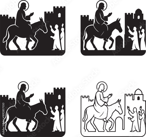 Isolated jesus entry jerusalem silhouette icon, jesus entry jerusalem silhouette design, jesus entry jerusalem silhouette illustration, palm sunday bible scene christian worship branding