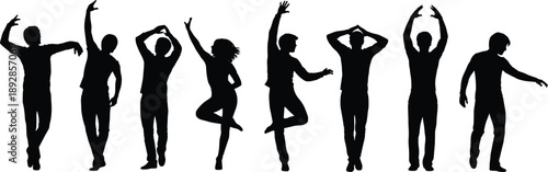 Dancing people silhouettes collection showing men and women performing expressive dance moves, joyful motion, artistic poses isolated on white background vector illustration set