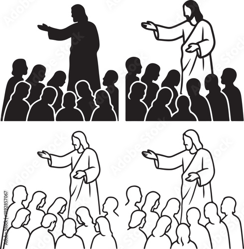Isolated jesus blessing crowd silhouette icon, jesus blessing crowd silhouette design, jesus blessing crowd biblical palm sunday scene, christian worship branding illustration