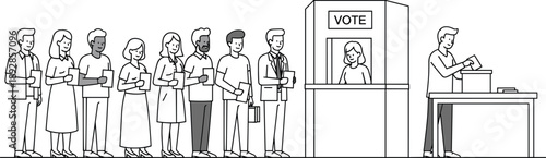 Black-and-white line drawing of people voting at a booth for civic engagement and democratic process visuals