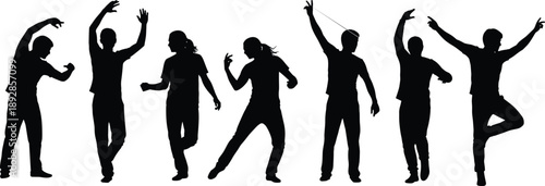 Dancing people silhouettes in energetic poses, isolated on white background, representing party, music, freedom, celebration, nightlife, youth culture, and expressive movement concepts