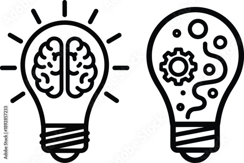 Two lightbulbs representing creativity and thought, with a brain inside one and gears inside the other