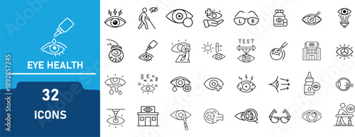 Ophthalmology and eye icon set.Contains icon related   vision test,retina scan, eye care,optical lens, and more . Editable Stroke. Vector Illustration
