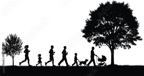 Family lifestyle silhouettes walking and jogging in park with trees, parents and children with dog and baby stroller, black figures isolated on white background