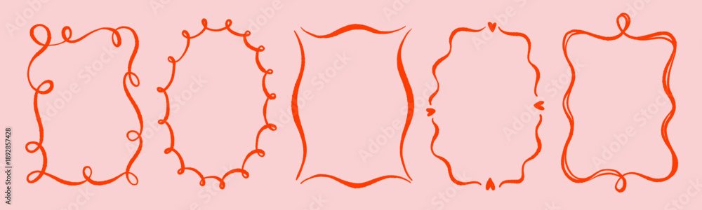 Fototapeta premium Whimsical bachelorette frames and borders with wavy squiggly lines. Oval and rectangle shape decorative borders. Whimsical wedding and bachelorette decorative frames.