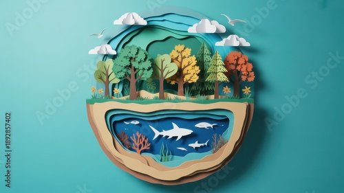 Paper Cut Art of Vibrant Forest and Ocean Ecosystem with Sharks and Trees