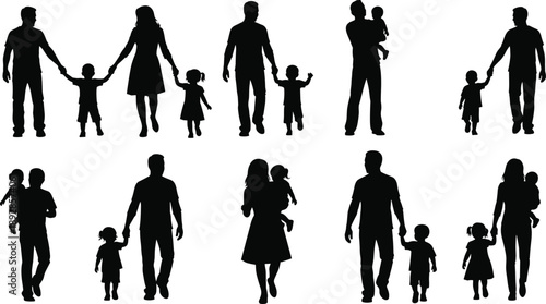 Family silhouette collection showing parents with children walking and holding hands isolated on white background for parenting, love, childhood, care and lifestyle concepts