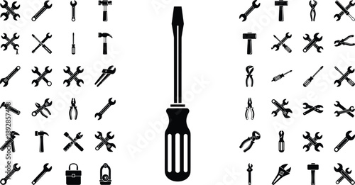 Flathead screwdriver and hand tool icon set, black silhouette, repair equipment, construction gear, vector illustration, DIY toolkit design