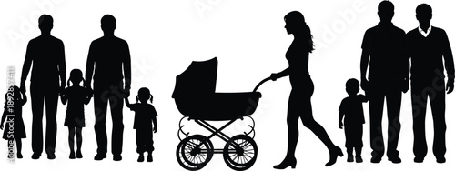 Family silhouette collection showing parents with children and baby stroller walking together isolated on white background for parenting, motherhood, childhood and lifestyle concepts