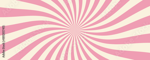 Pink swirl groovy starburst or sunburst background. Retro 1970s trendy banner design background with psychedelic wavy stripes. Sun rays swirl radial lines.