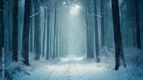 Wallpaper Mural Serene winter forest scene with tall trees covered in snow, a snowy path leading into a misty background Torontodigital.ca