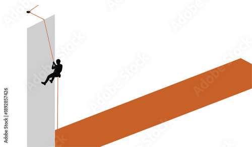 Silhouette of climber rappelling down a tall structure