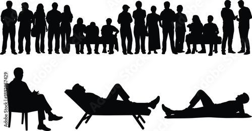 Group therapy silhouettes, mental health session, counseling illustration, people gathering, psychological support, vector art, black figures, isolated design, emotional care