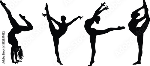 Gymnast silhouette set in dynamic poses, flexibility, balance, strength, black figures, dance movement, athletic posture, white background, body control
