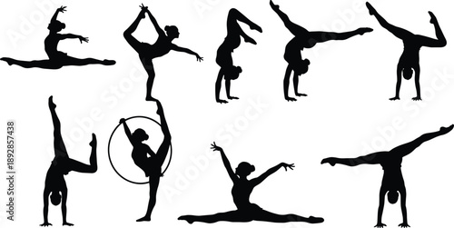 Gymnast silhouettes in dynamic poses, showcasing flexibility, strength, balance, artistic movement, rhythmic performance, acrobatics, athletic grace, and body control