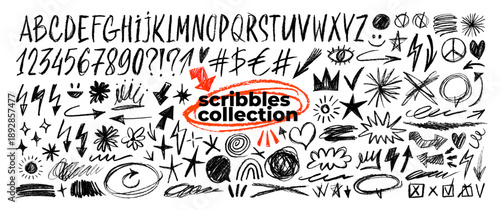 Black crayon scribbles, alphabet and numbers set. Charcoal scribble shapes and doodles, crown, hearts, pencil drawn bold arrows, emphasis shapes.