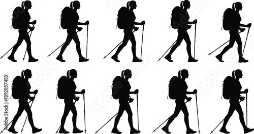 Hiking woman silhouette sequence, backpack trekking motion stages, outdoor adventure traveler walking poses, mountaineering fitness concept isolated white background