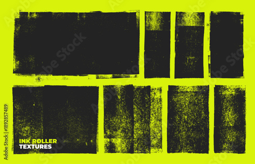 Linocut stamp texture collection. Printmaking background with rough texture and rolled ink effect for vintage print design. Vector retro overlays with grunge and distressed borders. Letterpress print.