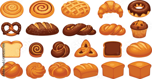 Set of fresh bakery product vector icons including bread loaves croissants donuts muffins pretzels and cinnamon rolls for cafe menu design food branding and culinary infographics.