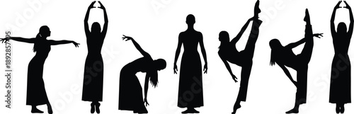 Female dance and yoga silhouettes collection showing graceful women performing ballet, stretching, flexibility and artistic body poses isolated on white background vector illustration set