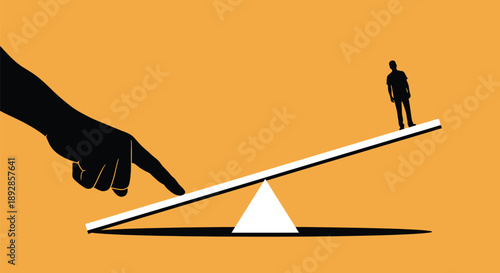 Giant finger pressing down on seesaw with small figure