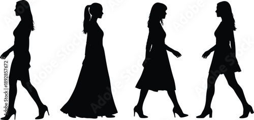 Female silhouette figures walking in different outfits and hairstyles, isolated on white background, representing fashion, elegance, movement, style, and modern lifestyle concepts