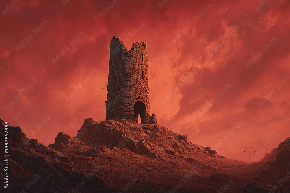 Fototapeta premium epic crumbling tower under blood-red sky