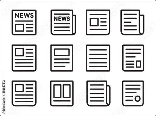 Isolated newspaper icon set, newspaper icon grid, news, media, article, report, journal, minimal flat vector, simple shapes, outline, black icons, professional UI, high resolution, design, isolated