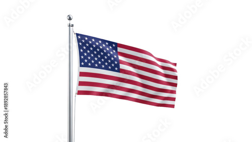 American flag waving on flagpole, isolated on transparent background
