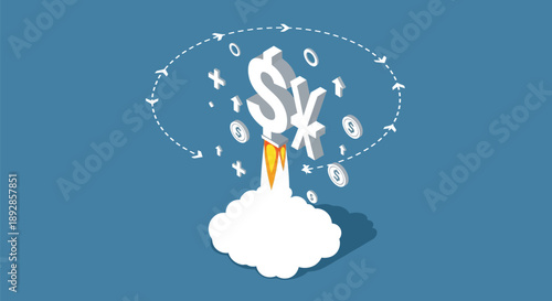 Currency exchange rocket launch showing fast financial growth