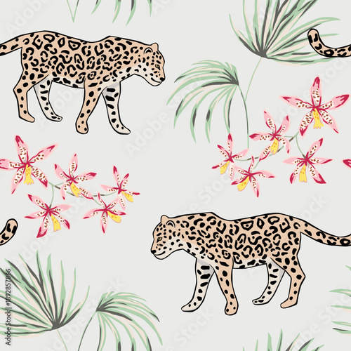 Tropical leopard animals, orchid flowers, palm leaves, light gray background. Seamless pattern. Vector illustration. Exotic plants. Summer beach design. Paradise nature