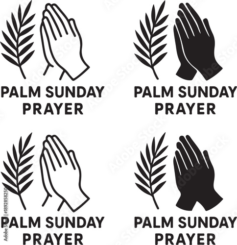 Isolated palm sunday prayer poster icon, palm sunday prayer poster design, palm sunday prayer poster layout, praying hands palm leaves christian church poster branding illustration