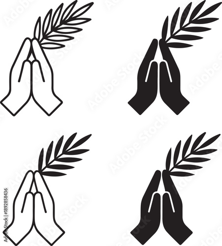 Isolated worship hands palm branch icon, worship hands palm branch design, worship hands palm branch praying silhouette, palm sunday worship church branding illustration for devotion