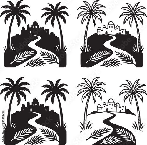 Isolated biblical palm pathway scene icon, biblical palm pathway scene design, biblical palm pathway scene jerusalem silhouette, christian bible story palm sunday illustration for church teaching